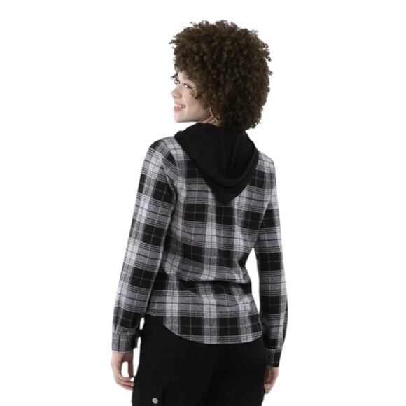 NWT No Boundaries Hoodie Womens Black/White Plaid Long Sleeve Shirt Size LRG - Picture 3 of 11